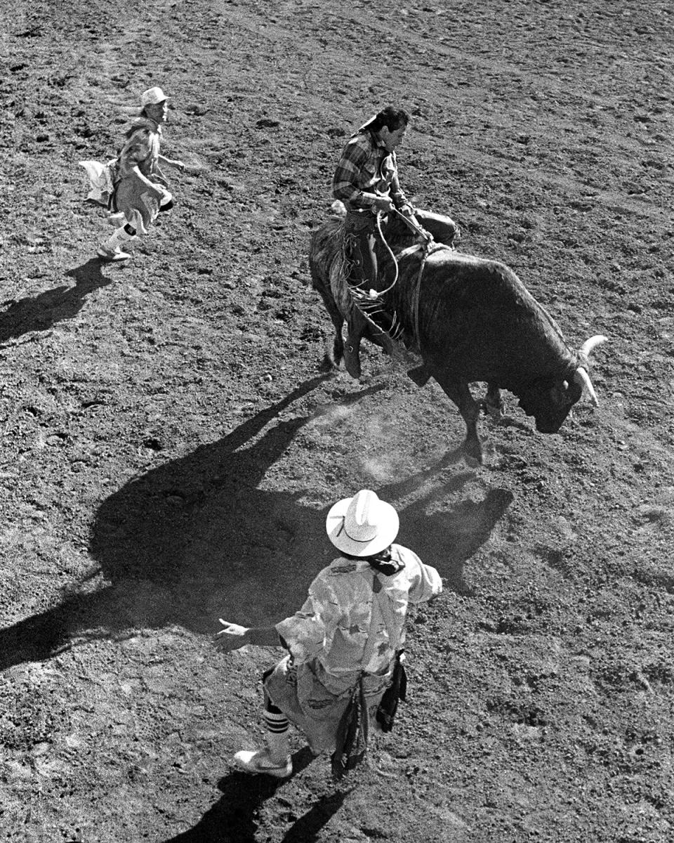 Lane Riding Red Rock in Livermore with Bull Fighters Joe Baumgartner and Rob Smets, © Sue Rosoff, all rights reserved